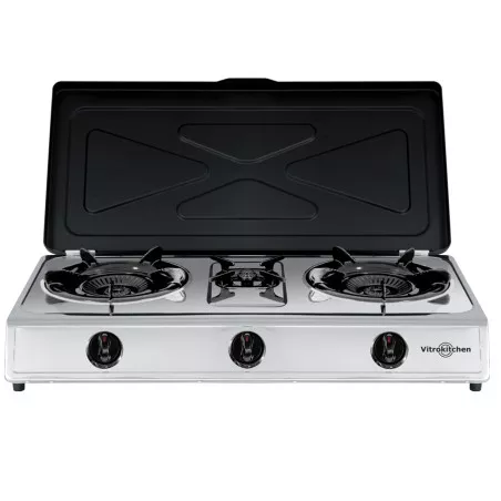 Hornillo de gas Vitrokitchen 360IB – 3 fuegos de acero inoxidable con tapadera y quemadores de alta eficiencia