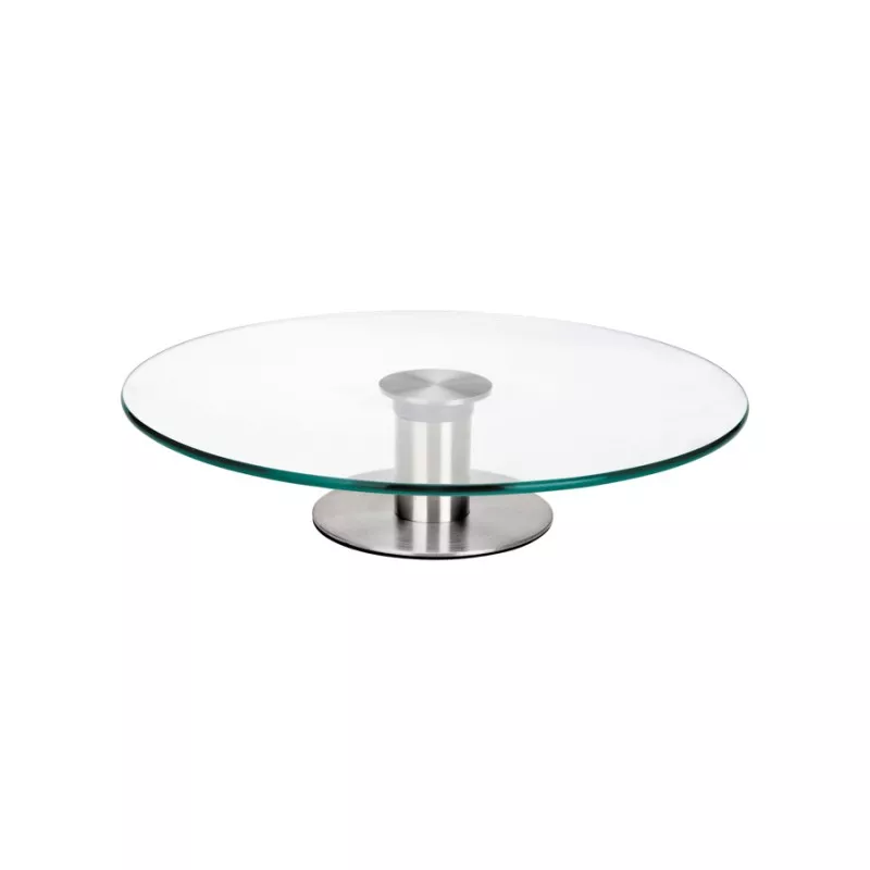 Soporte giratorio Ibili 717130 cristal inox 30 cm, diseño moderno con base de acero inoxidable y plato de vidrio.