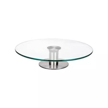 Soporte giratorio Ibili 717130 cristal inox 30 cm, diseño moderno con base de acero inoxidable y plato de vidrio.