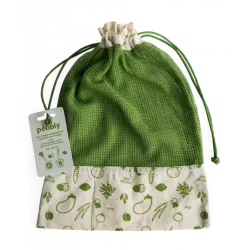 Bolsa para verduras Pebbly algodón orgánico 40 x 30 cm verde con diseño de vegetales estampados y acabado natural.