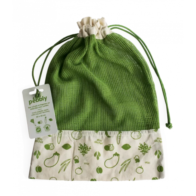 Bolsa para verduras Pebbly algodón orgánico 40 x 30 cm verde con diseño de vegetales estampados y acabado natural.