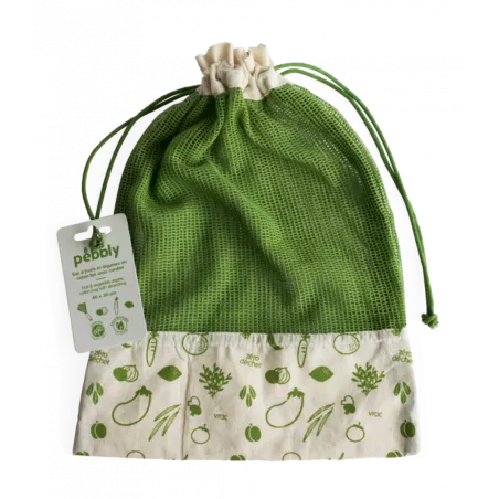 Bolsa para verduras Pebbly algodón orgánico 40 x 30 cm verde con diseño de vegetales estampados y acabado natural.