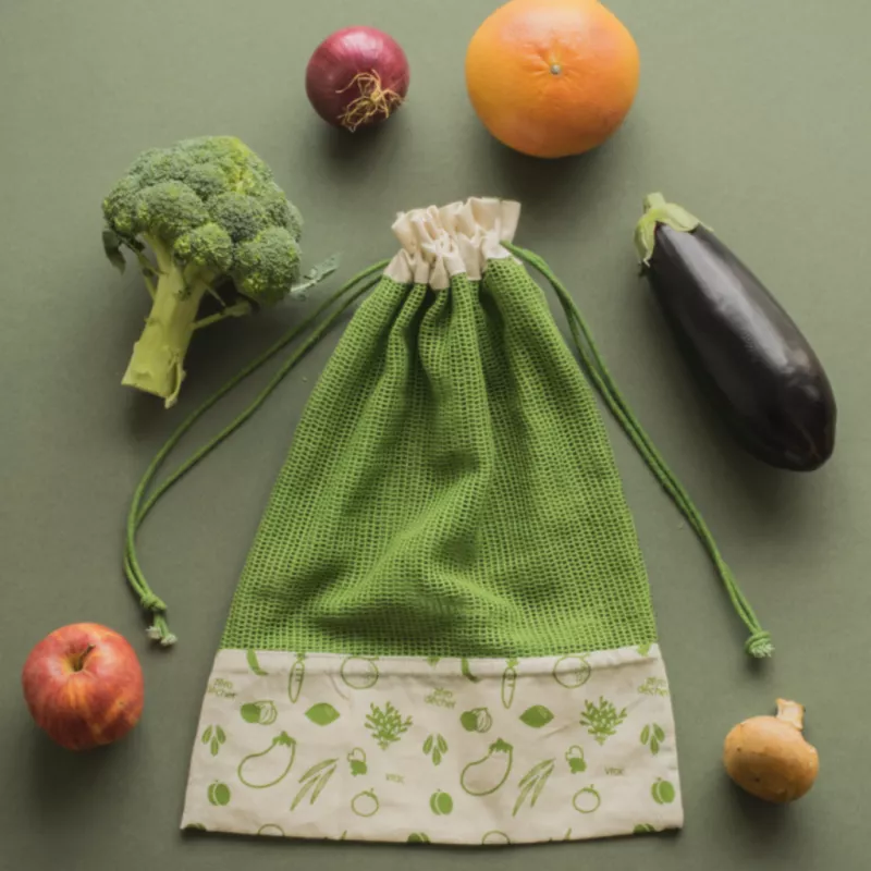 Bolsa para verduras Pebbly algodón orgánico 40 x 30 cm verde con diseño de vegetales en el borde.