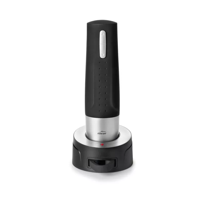 Sacacorchos eléctrico Lacor 63054 con base, diseño ergonómico y acabado en acero inox y plástico negro.