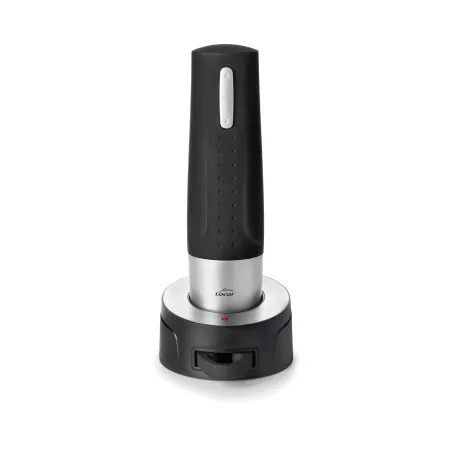 Sacacorchos eléctrico Lacor 63054 con base, diseño ergonómico y acabado en acero inox y plástico negro.