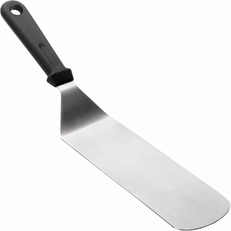 Espátula lisa Lacor 60420 inox 7,5 x 21,5 cm con mango negro, material inoxidable y diseño plano ideal para cocinar.