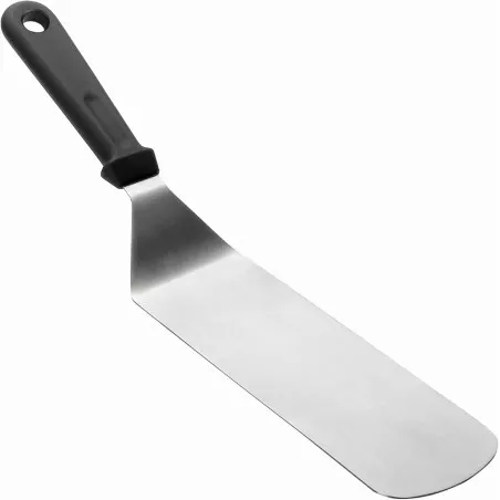 Espátula lisa Lacor 60420 inox 7,5 x 21,5 cm con mango negro, material inoxidable y diseño plano ideal para cocinar.