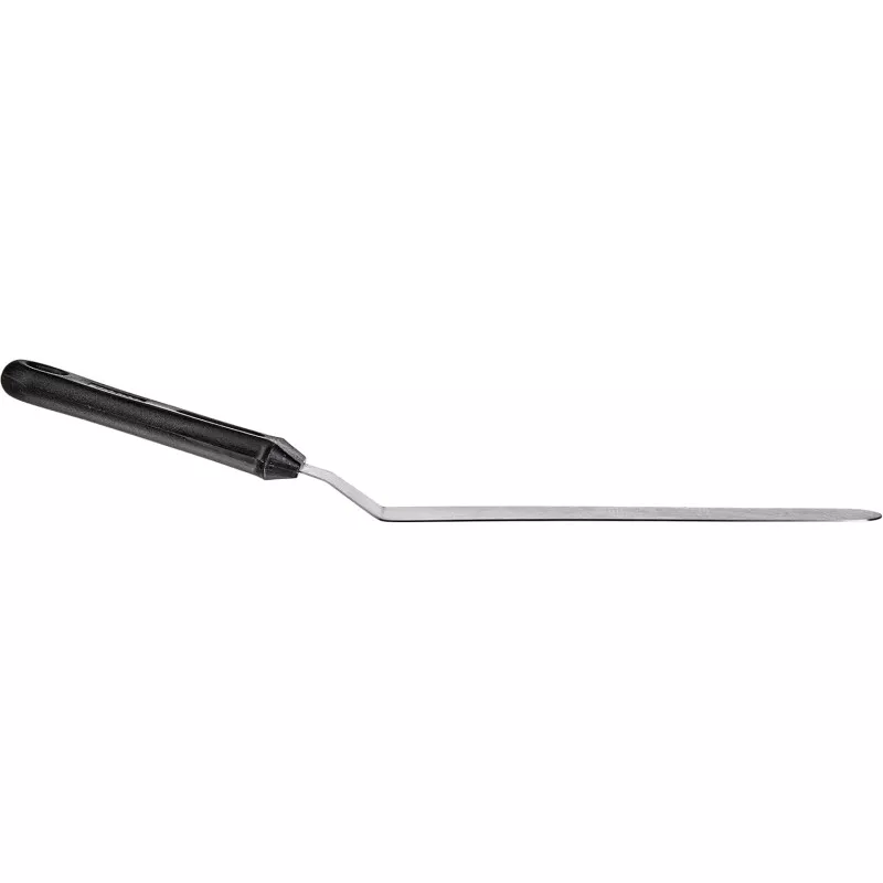 Espátula larga acodada Lacor 60468 inox 25 cm con mango negro ergonómico y diseño flexible para cocinar.