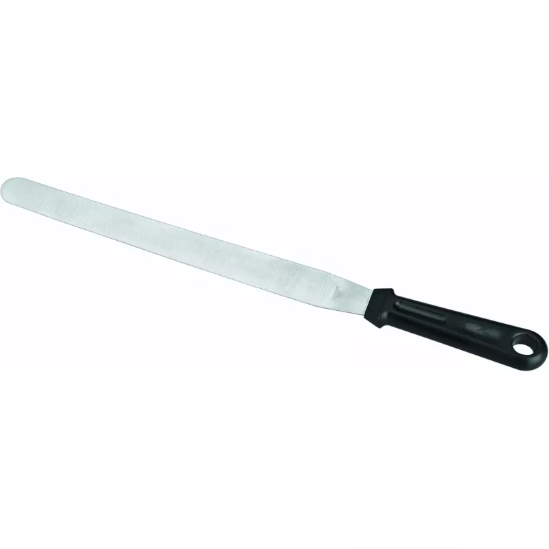 Espátula larga recta Lacor 60462 inox 20 cm con hoja de acero inoxidable y mango antideslizante negro.