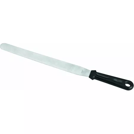 Espátula larga recta Lacor 60462 inox 20 cm con hoja de acero inoxidable y mango antideslizante negro.