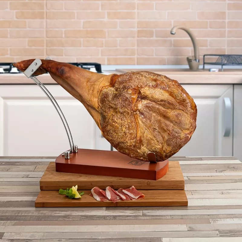 JAMONERO QUID RESERVA 7447009 en madera de alta calidad, con soporte ajustable y diseño elegante para presentación de jamón.