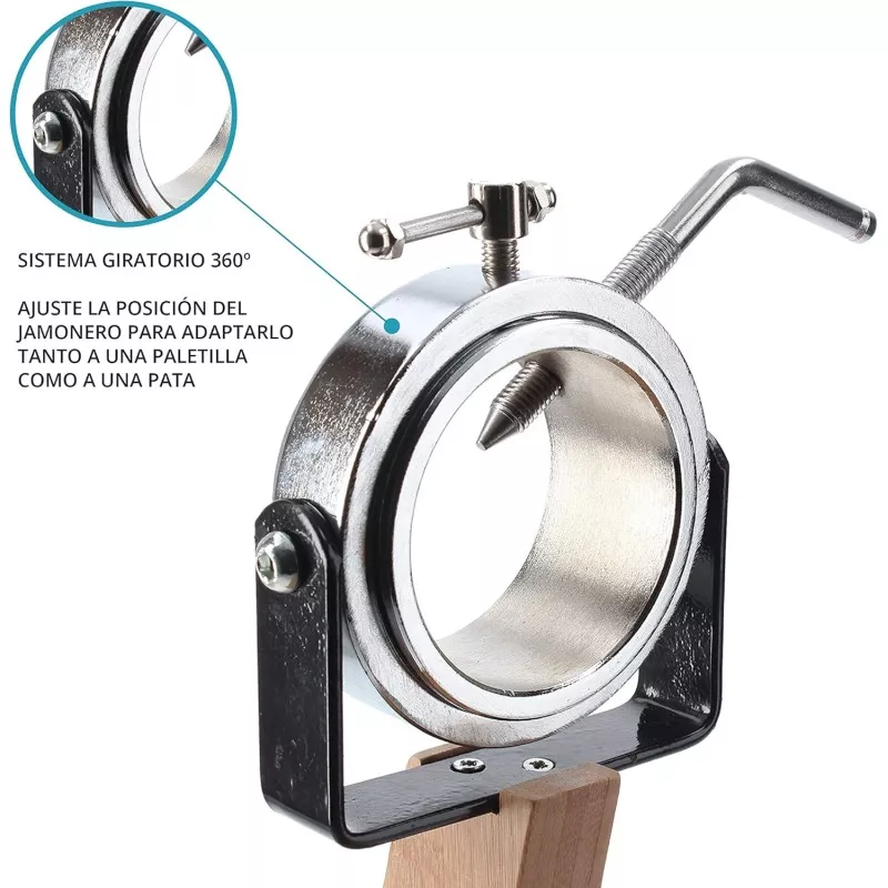 JAMONERO MADERA GIRATORIO TM HOME HOCU101 con sistema giratorio 360°, diseño robusto y componentes de acero inoxidable.