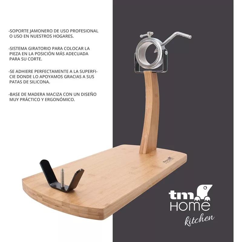 Jamonero madera giratorio TM Home HOCU101 con base de madera y diseño ergonómico para una fácil manipulación.