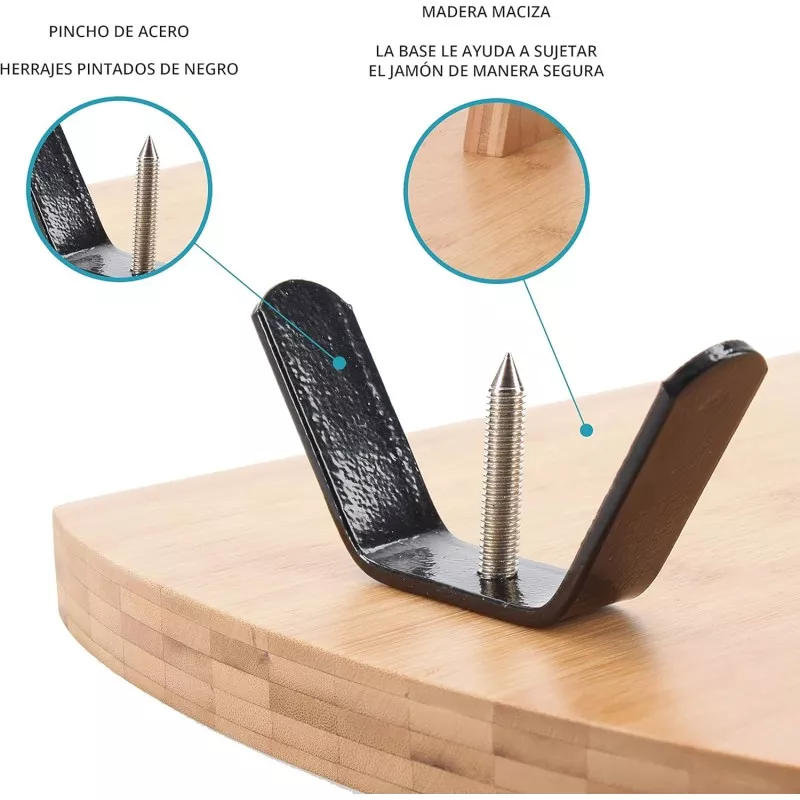Jamonero madera giratorio TM Home HOCU101 con base de acero y herrajes pintados de negro para un soporte seguro.