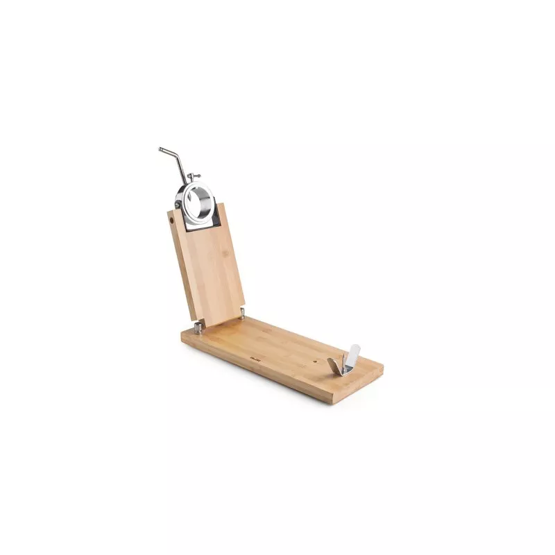 Jamonero inox Ibili 684240 con base de madera, diseño elegante y acabado en acero inoxidable.