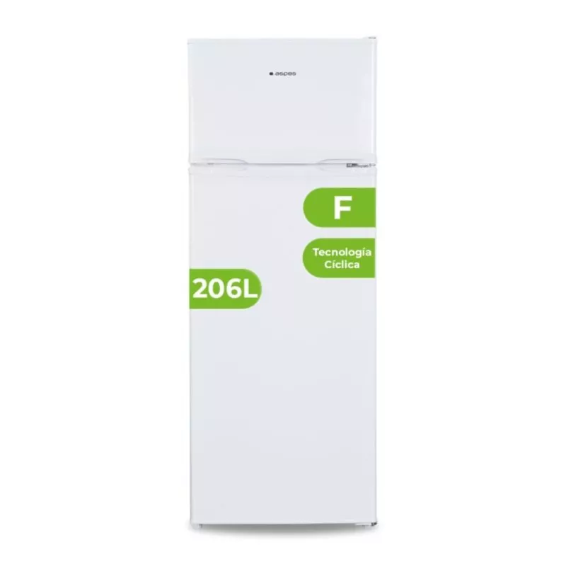 Frigorífico 2 puertas Aspes AF145500F 206L blanco con clase energética F y tecnología cíclica.
