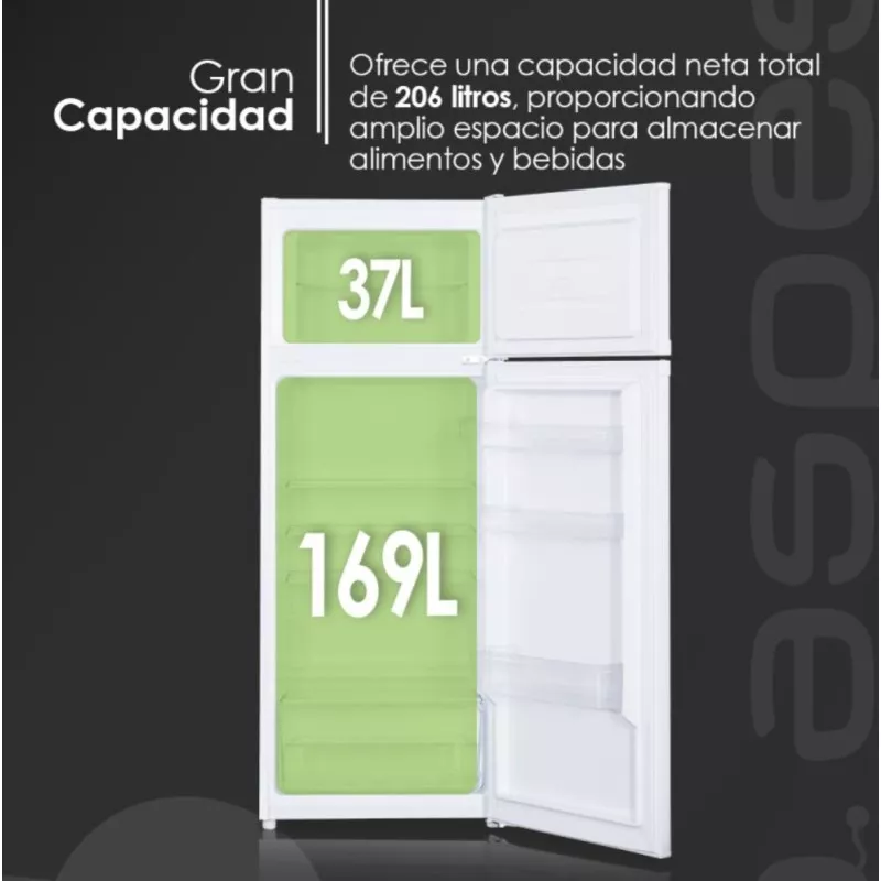 Frigorífico 2 puertas Aspes AF145500F 206L blanco con gran capacidad y distribución eficiente de 169L y 37L.