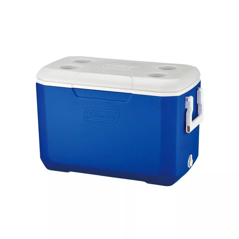 NEVERA COLEMAN POLY*LITE 48 QT 36077 en color azul con tapa blanca y asas, ideal para mantener bebidas frías.
