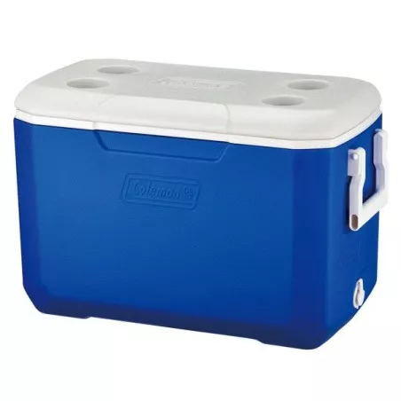 NEVERA COLEMAN POLY*LITE 48 QT 36077 en color azul con tapa blanca y asas, ideal para mantener bebidas frías.