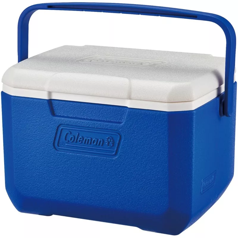 Nevera Coleman 5QT 2000036076 azul con tapa blanca, diseño compacto y asa ergonómica para fácil transporte