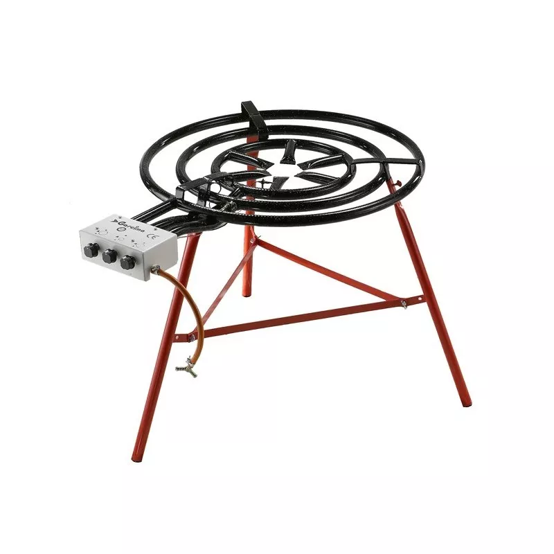 Paellero 90-P GARCIMA 20903 de acero, color negro, con soporte resistente y quemador circular, ideal para cocinar paellas.