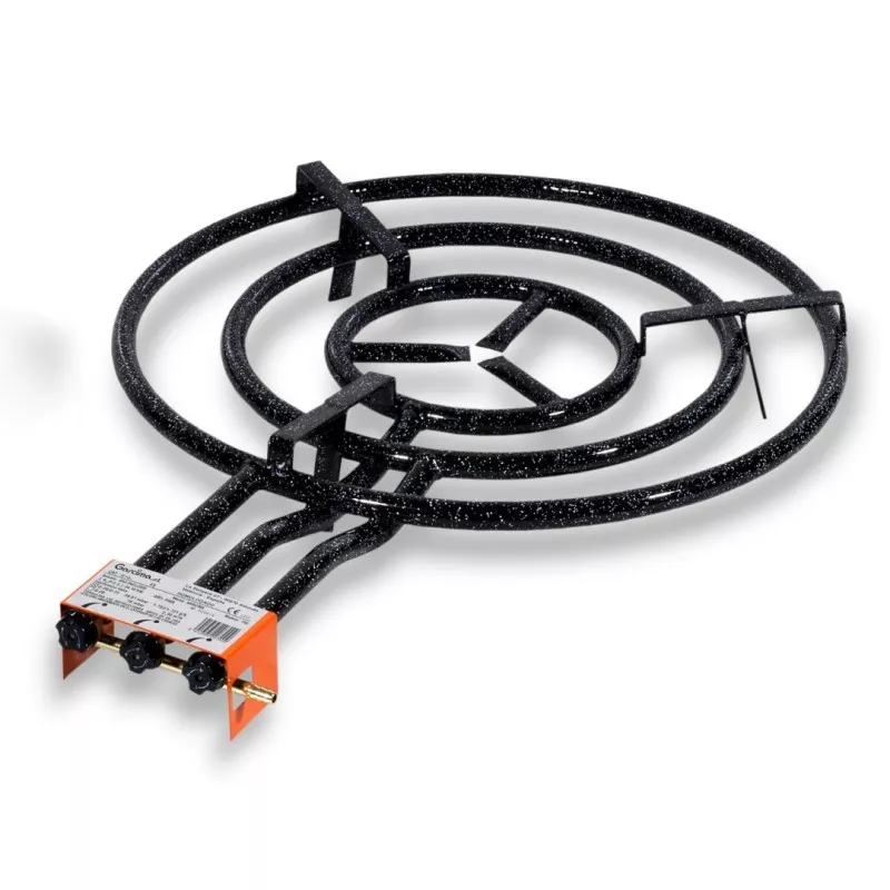 PAELLERO 700 BUTANO GARCIMA de acero negro con diseño circular y tres quemadores para cocción eficiente.