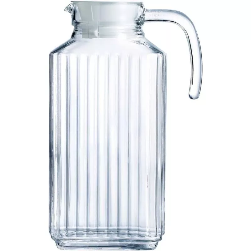 JARRA QUADRO 1.7 C/TAPA BCA 30629 de vidrio transparente con diseño estriado y tapa blanca.