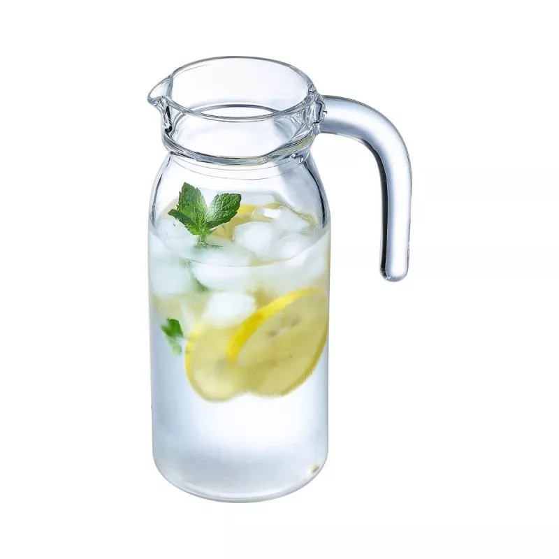 JARRA SPRING ARC 1.L. RFº Q3907 de vidrio transparente con tapa y asa, ideal para jugos y agua refrescante.
