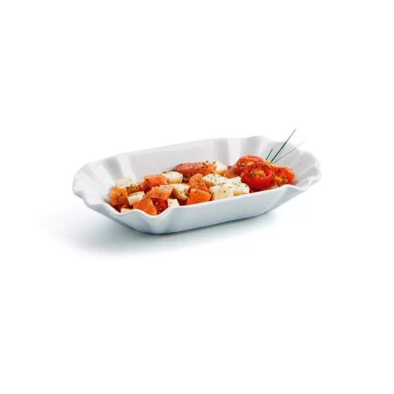 RABANERA 20*11 QUID GASTRO 7406031 de cerámica blanca con diseño ondulado ideal para servir alimentos.