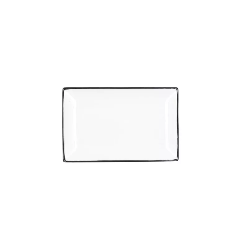 RABANERA 20*13 BLACK QUID GASTRO 5426037 rectangular blanca con borde negro, ideal para servir platos.