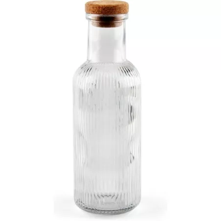 BOTELLA VIDRIO T/CORCHO 1 L. MEDITERRANEA transparente con diseño estriado y tapa de corcho natural.