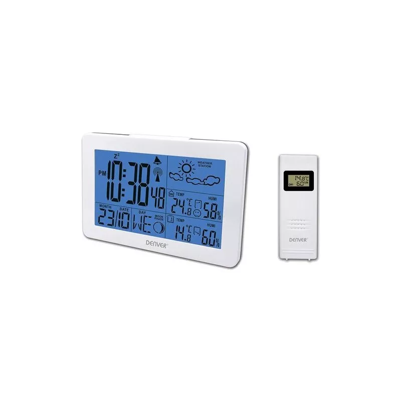 Estación meteorológica Denver WS-530 White con pantalla LCD azul, diseño moderno y sensor de temperatura externo.