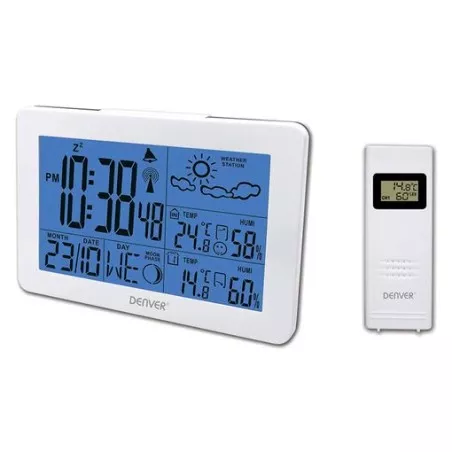 Estación meteorológica Denver WS-530 White con pantalla LCD azul, diseño moderno y sensor de temperatura externo.