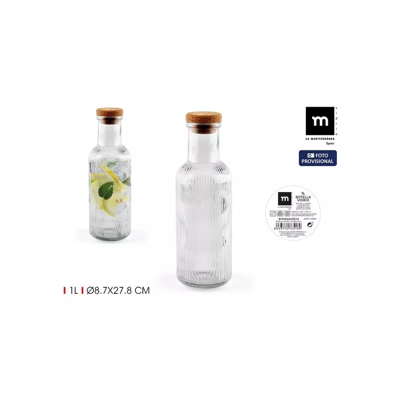 BOTELLA VIDRIO T/CORCHO 1 L. MEDITERRANEA con diseño estriado, tapa de corcho y capacidad para agua o infusiones.
