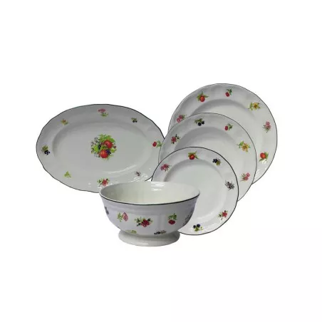 VAJILLA 56 P. FLORES Y FRUTAS C/FILO blanca con diseño de flores y frutas, incluye platos y tazón de cerámica.