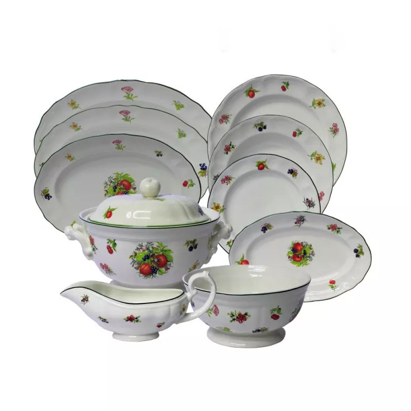 VAJILLA 56 P. FLORES Y FRUTAS C/FILO de cerámica blanca con diseño colorido de flores y frutas, acabado brillante y elegante.