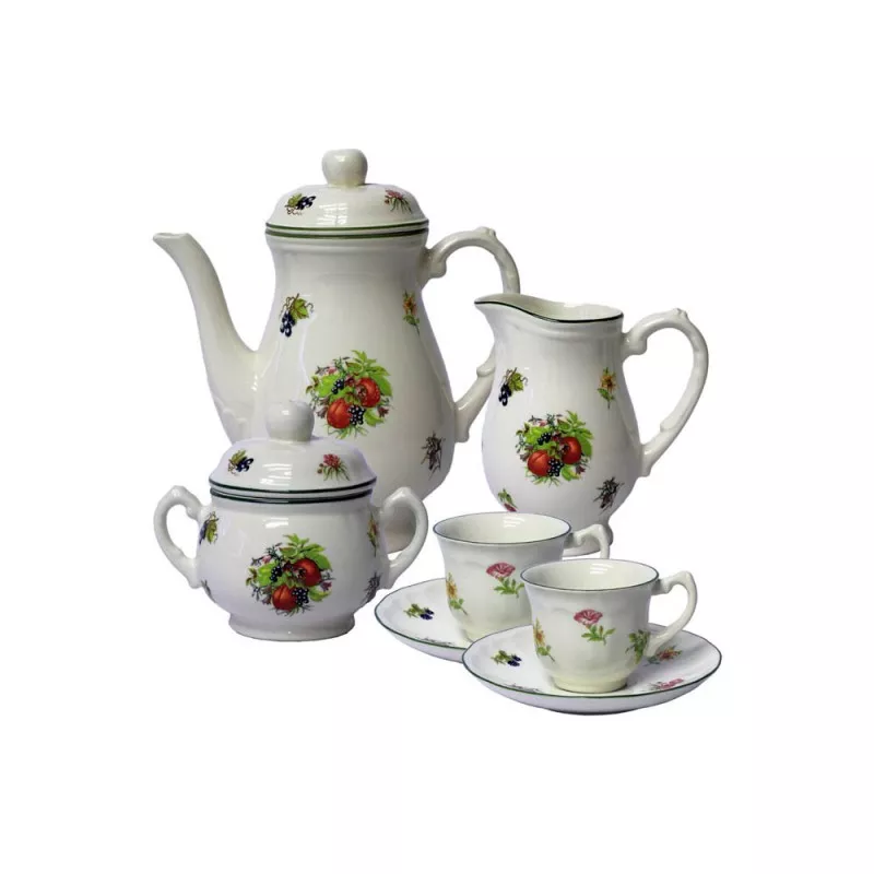 Juego Café 27P. flores en cerámica blanca con detalles coloridos y acabado brillante