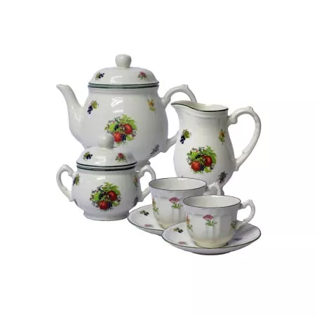 Juego THE 27P. Flores y frutas con filo en cerámica blanca, incluye tetera, tazas y platos decorativos.