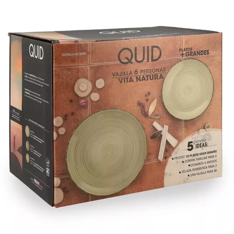 VAJILLA 18 P ARC GRES NATURA VITA QUID de gres beige, diseño natural y acabado mate, incluye platos y tazas para 6 personas