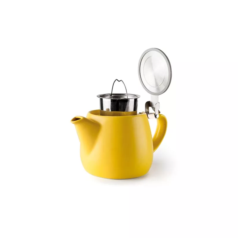 Tetera Luxor Ibili Yellow 668200Y de cerámica amarilla con tapa, diseño moderno y filtro de acero inoxidable.