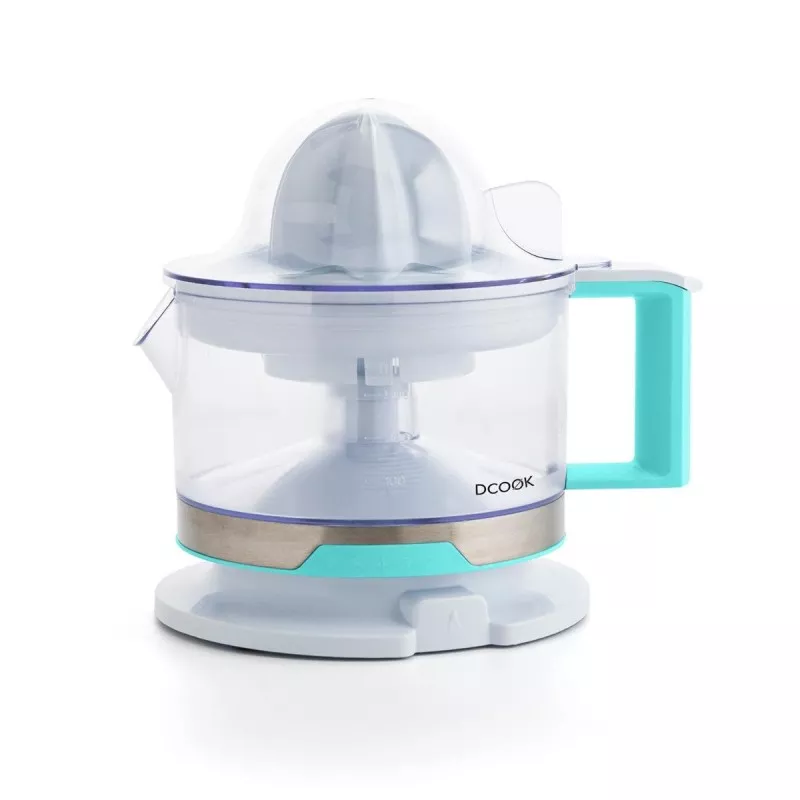 Exprimidor DCOOK 40 W 8090001 de plástico transparente y base azul, diseño compacto y fácil de usar.