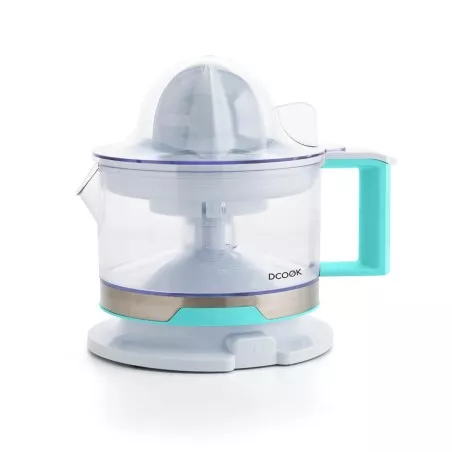 Exprimidor DCOOK 40 W 8090001 de plástico transparente y base azul, diseño compacto y fácil de usar.