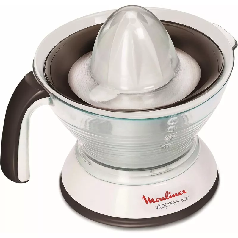 Exprimidor Moulinex Vitapress 600 PC300B10 de diseño moderno, color blanco con detalles en marrón y jarra de vidrio transparente