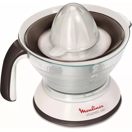 Exprimidor Moulinex Vitapress 600 PC300B10 de diseño moderno, color blanco con detalles en marrón y jarra de vidrio transparente