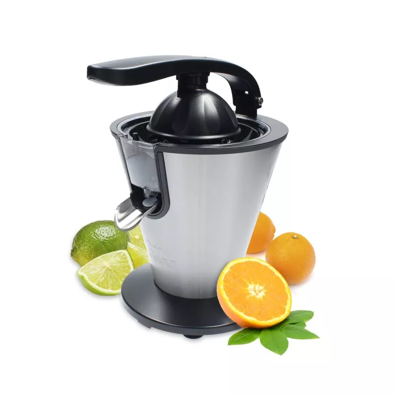 Exprimidor TM Electron TMPEX012 inox 160 W con diseño moderno, acabado en acero inoxidable y vertedor integrado.