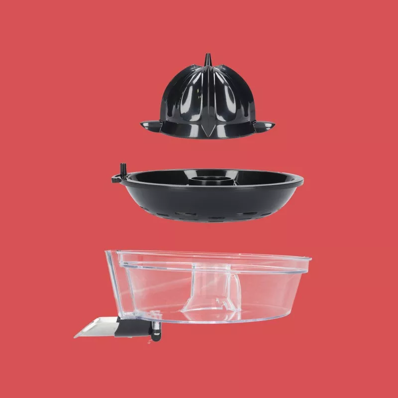 Exprimidor TM Electron TMPEX012 inox 160 W con componentes en negro y diseño funcional para exprimir cítricos.