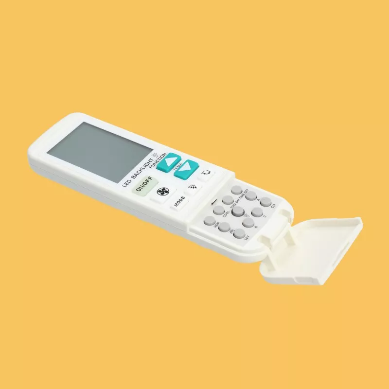 Mando aire acondicionado TM Electron TMUR C200 blanco con botones de control y pantalla digital.