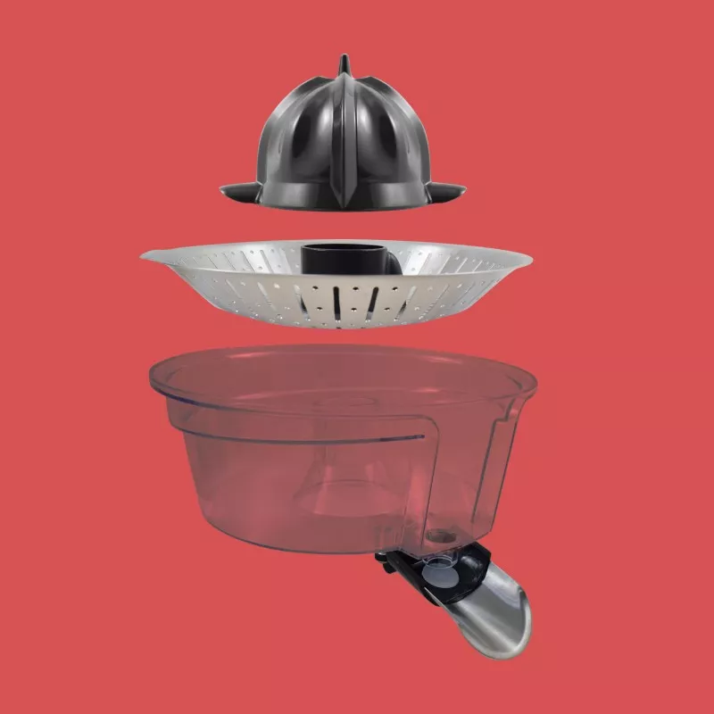 Exprimidor TM Electron TMPEX010 inox 160 W, diseño moderno con recipiente transparente y accesorios de acero inoxidable.