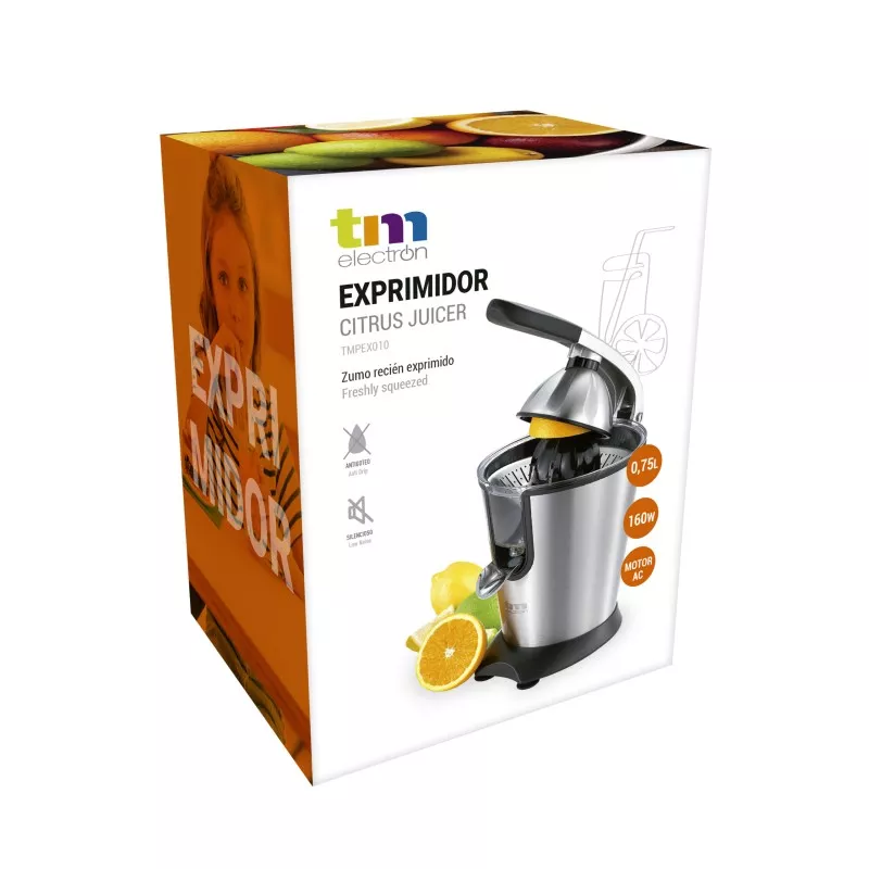 Exprimidor TM Electron TMPEX010 inox 160 W con diseño moderno y acabado pulido, ideal para zumos frescos.