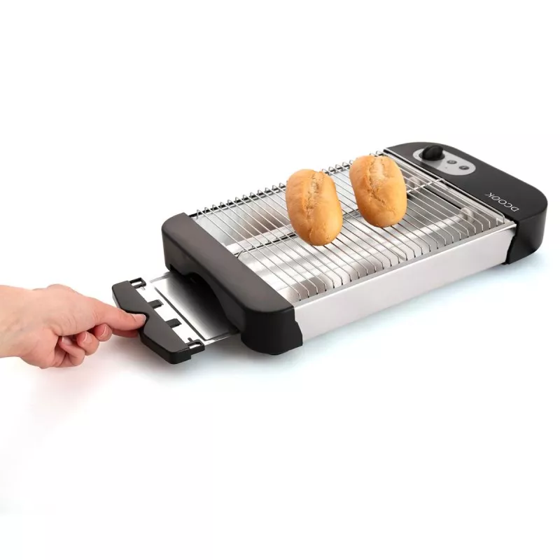 TOSTADOR DCOOK HORIZONTAL de acero inoxidable con diseño compacto y rejilla extraíble para pan y alimentos.